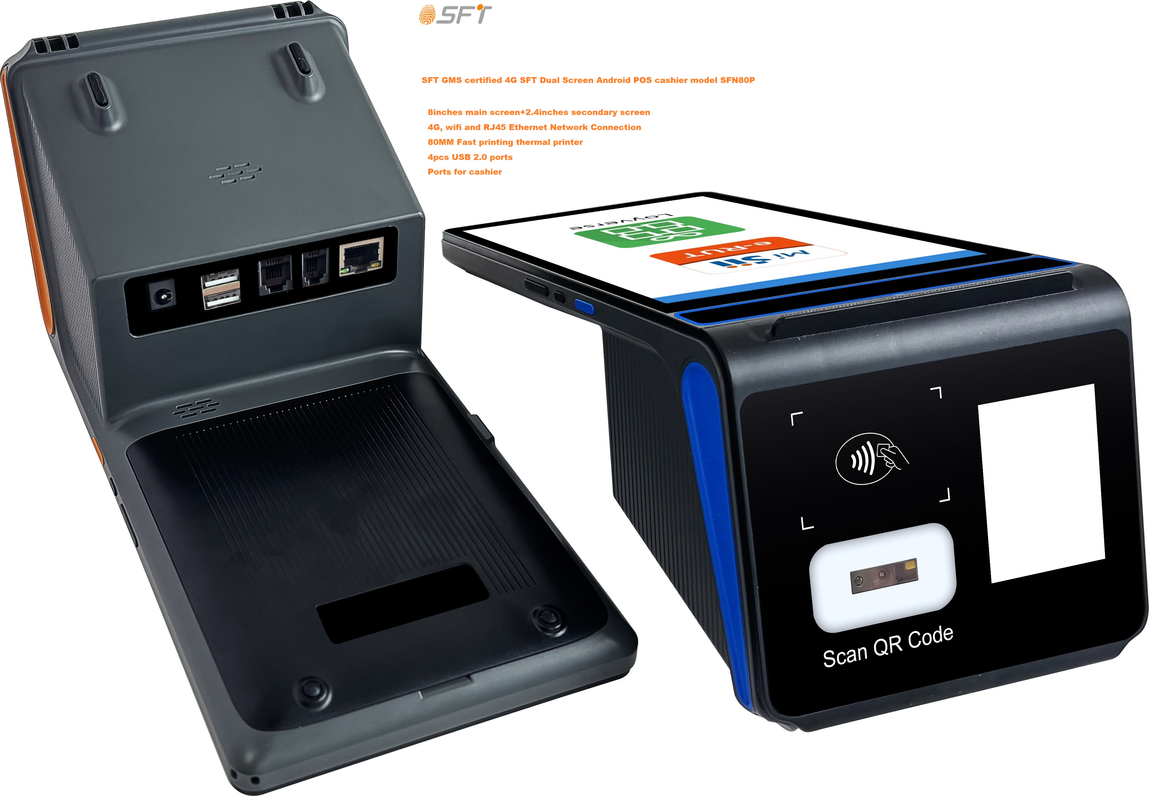 Taşınabilir çift ekranlı Android POS Kasiyeri GMS sertifikalı Android 14 POS sürümüne yükseltildi